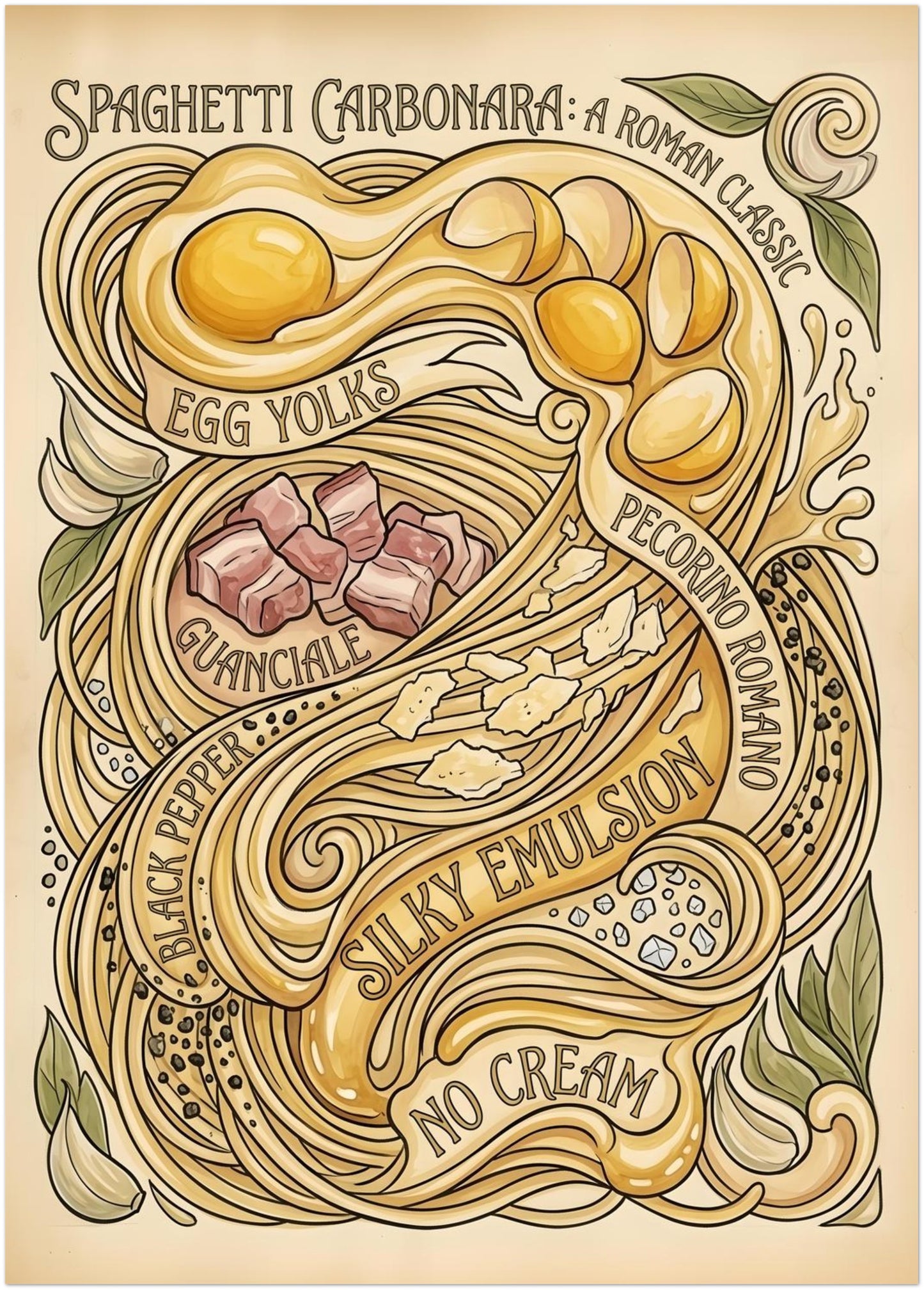 20x28 inch unframed Italian food poster with a tall vintage composition based on Spaghetti Carbonara. The design combines hand-drawn spaghetti lines with egg yolks, guanciale pieces, herbs, garlic, cheese and recipe-style wording across a soft cream and beige background. A statement print size for kitchen wall art, Italian kitchen decor, restaurant spaces or dining room walls that need a strong food art focal point.