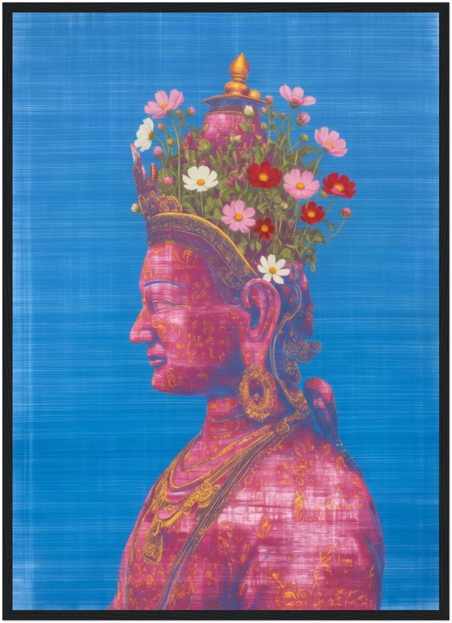 20x28 inch pink and green Tara Buddhist art print in a black wood frame, showing a contemporary pink Tara portrait with floral crown.