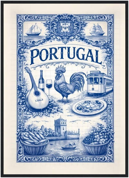 20x28 inch framed Portuguese culture art poster in a black wood frame, highlighting traditional blue tile artwork.