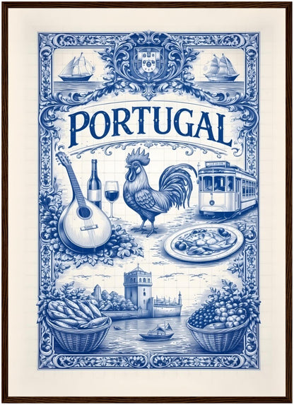 20x28 inch framed portugal azulejo poster in a dark wood frame, inspired by Portuguese culture and Mediterranean travel art.