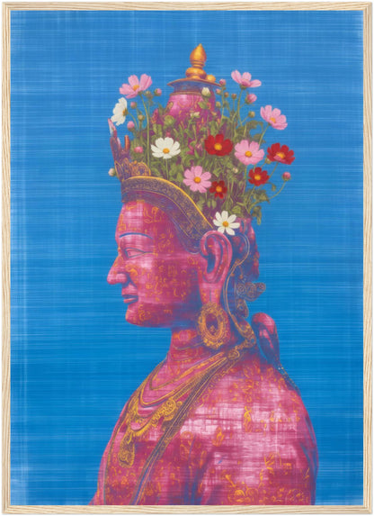 20x28 inch pink and green Tara Buddhist art print in a natural wood frame, featuring a pink Tara Buddhist profile with floral detailing.