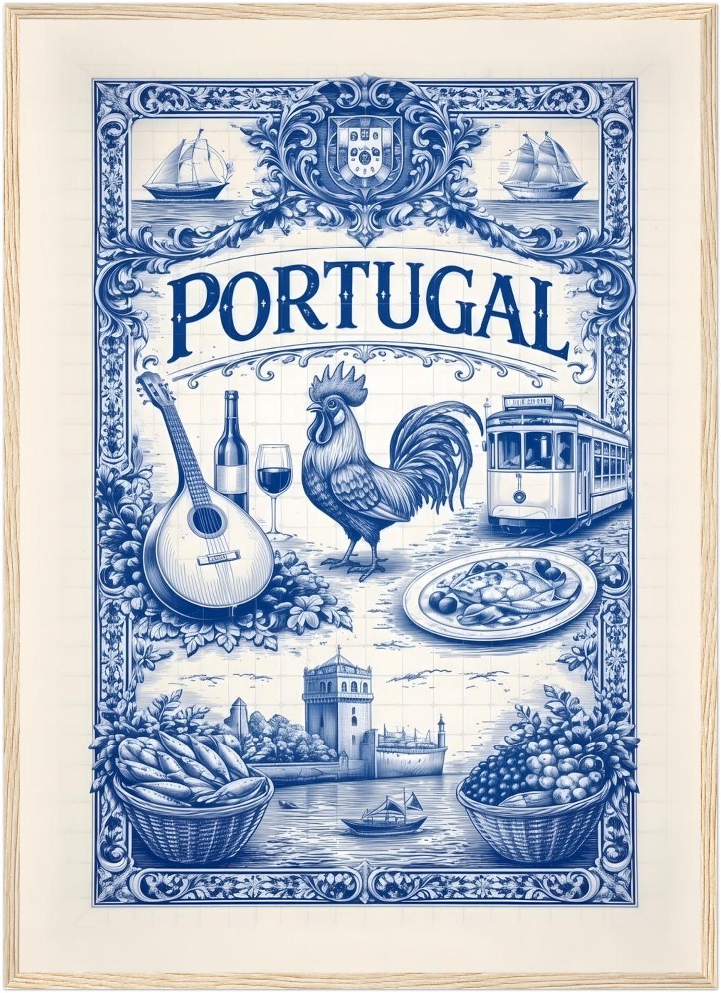 20x28 inch framed portuguese tile art print in a natural wood frame, showing classic azulejo design with cultural symbolism.