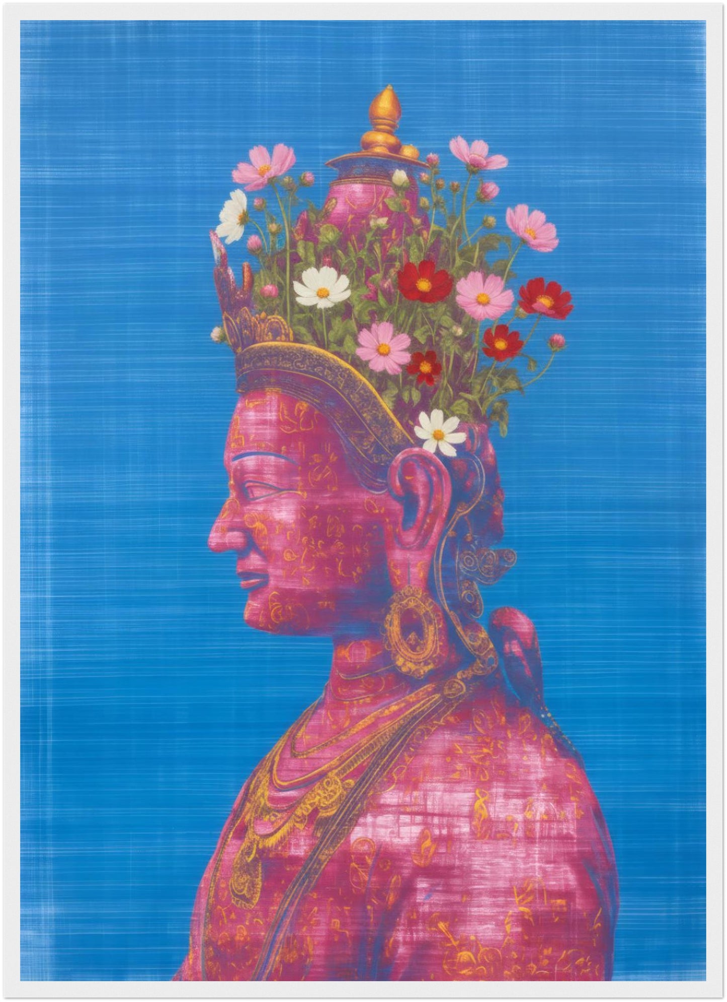 20x28 inch pink and green Tara Buddhist art print in a white wood frame, showing a pink Tara side-profile figure with floral crown on blue.