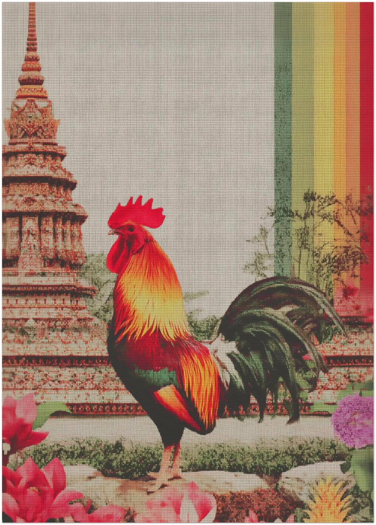 Unframed 20x28 inch Thai rooster wall art print showing a richly coloured rooster standing proudly in front of intricately drawn temple structures reminiscent of Wat Arun. The expanded format highlights canvas-style texture, floral details and a dramatic multicolour rainbow accent. Suitable for statement framing, large living rooms, hallways or gallery walls focused on Thai symbolism, luck and temple protection themes.