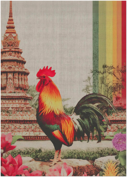 Unframed 20x28 inch Thai rooster wall art print showing a richly coloured rooster standing proudly in front of intricately drawn temple structures reminiscent of Wat Arun. The expanded format highlights canvas-style texture, floral details and a dramatic multicolour rainbow accent. Suitable for statement framing, large living rooms, hallways or gallery walls focused on Thai symbolism, luck and temple protection themes.