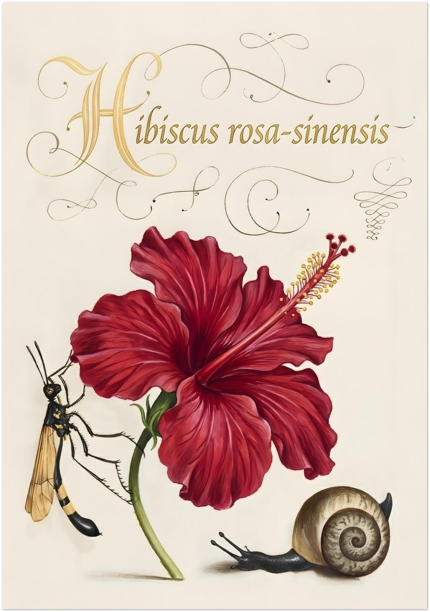 28x40 inch unframed hibiscus botanical print featuring a large red hibiscus flower with detailed petals and natural shading. The illustration includes labelled Hibiscus rosa-sinensis text, with a wasp and snail adding botanical detail. Vintage botanical flower artwork designed as a bold statement piece on a light cream background.