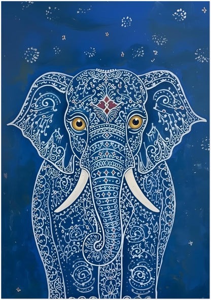 Thumbnail image of the 28x40 unframed Blue Indian Elephant Poster. The artwork shows a bold front-facing elephant with intricate white pattern lines, gold eyes, white tusks and a rich blue background. A large-scale elephant wall art option made for feature walls and statement decor, ideal for oversized interiors that need striking Indian-inspired animal artwork with strong visual impact.