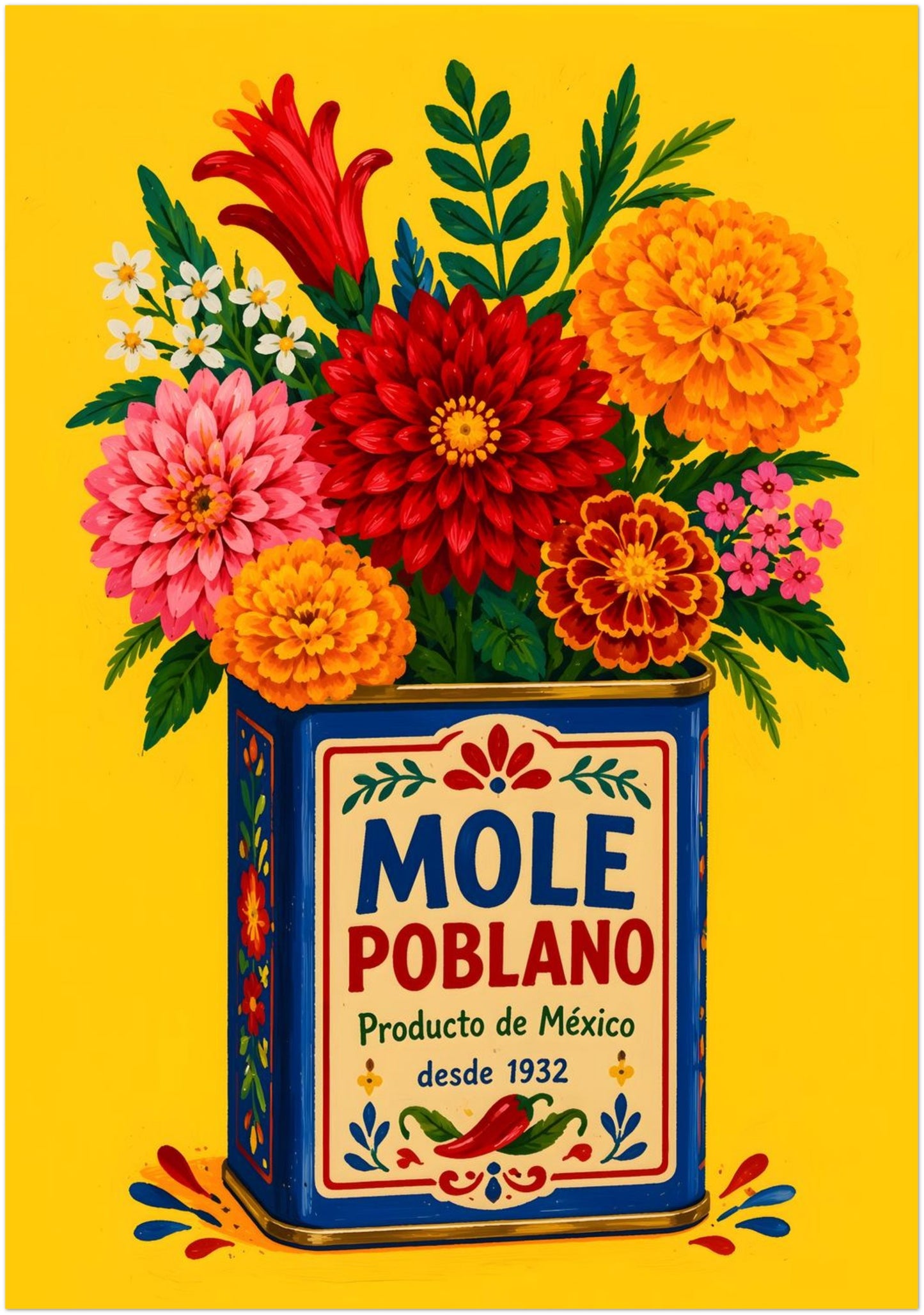 Large unframed 28 x 40 inch Mexican wall art print showing a vintage blue mole poblano tin filled with oversized red, orange, pink and white flowers. The vivid yellow background, chilli label and decorative folk details create a bold statement poster for kitchens, dining rooms, restaurants and colourful travel-inspired gallery walls.