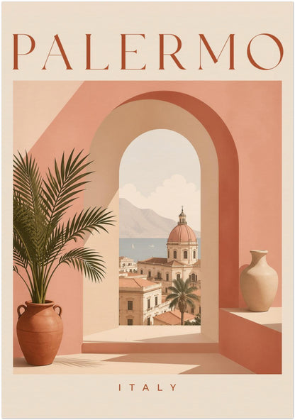 Unframed 28 x 40 inch Palermo Italy travel poster created as bold large-scale Mediterranean wall art. The pastel design features PALERMO lettering, layered peach arches, terracotta pots, green palm leaves and a sunlit Sicilian cityscape, with ITALY below. A striking statement print for spacious living rooms, bedrooms or offices.