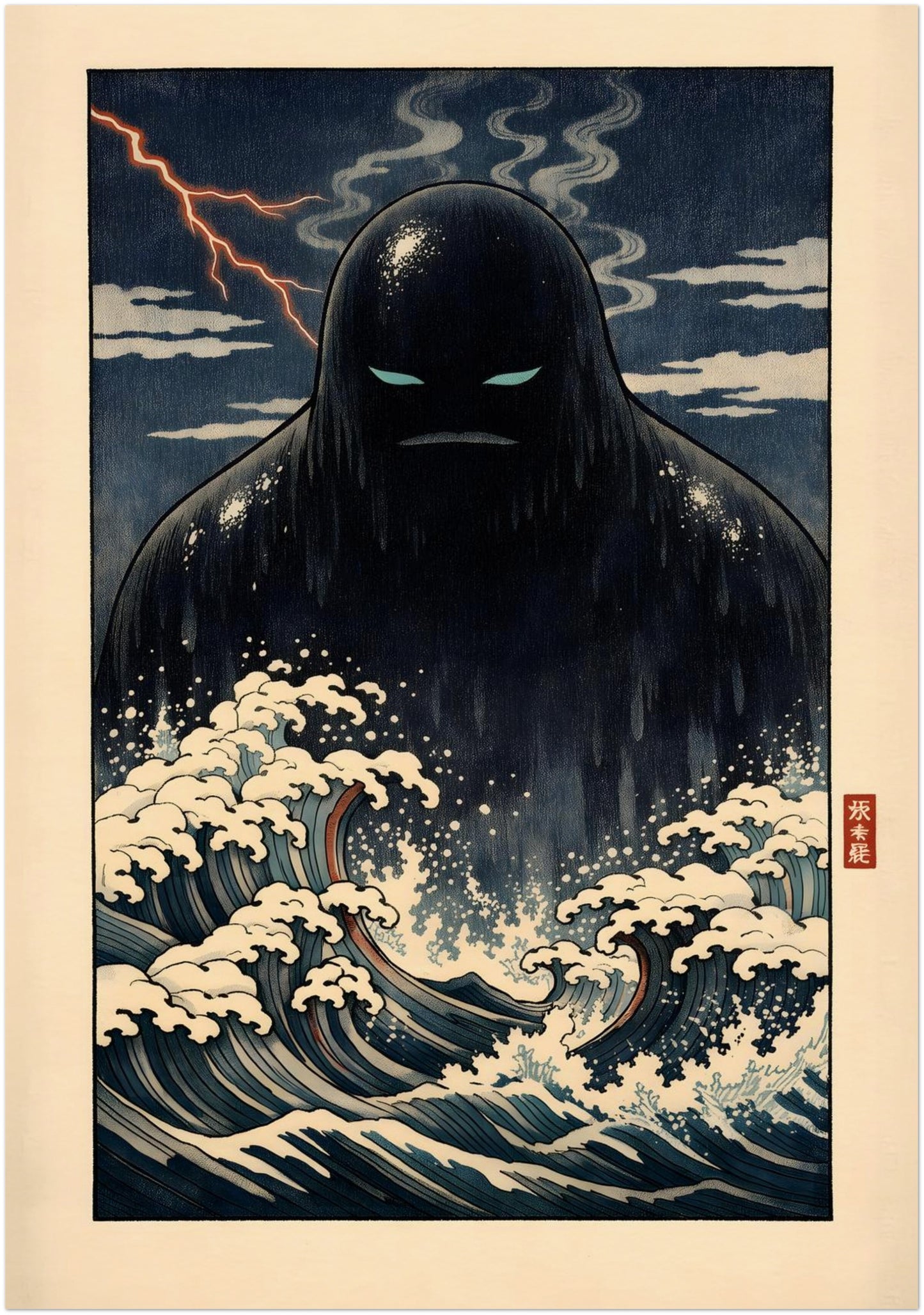 28x40 inch unframed Japanese Umibōzu yōkai poster depicting a shadowy sea spirit rising from stylised indigo waves with cream foam highlights. The vertical composition and woodblock-inspired design create strong movement and contrast. A large folklore wall art print suited to contemporary, Japandi or culturally inspired interiors.