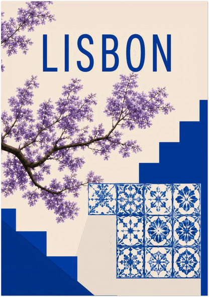 28x40 inch unframed Lisbon poster with Portuguese blue tile patterns, purple jacaranda flowers, deep blue city steps and clean Lisbon lettering. A large Portugal travel print for a statement wall, modern home decor, Mediterranean interiors, blue wall decor or a bold European travel poster display.