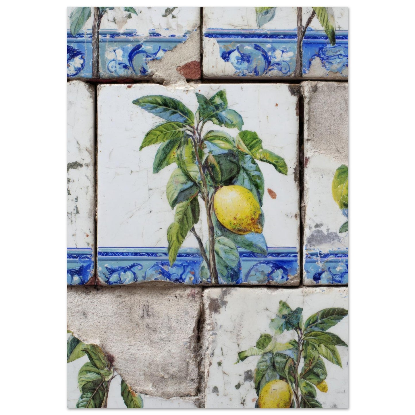 Unframed 28×40" lemon azulejo tile poster on a white background, highlighting large-scale Mediterranean ceramic styling, citrus imagery and complete artwork composition.