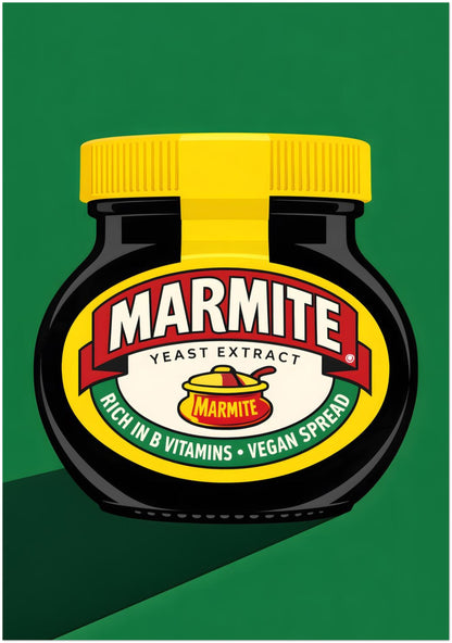 28x40 inch extra large unframed Marmite pop art print designed for maximum wall impact. The classic black jar, yellow lid, red and cream label, and green background are enlarged in a clean graphic layout that feels bold, playful and modern. Best suited to statement kitchen decor, dining room wall art, home bars or large spaces needing a recognisable British food-inspired focal point.