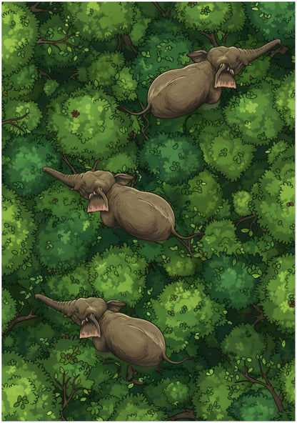 Large 28x40 inch unframed elephant jungle wall art featuring three elephants crossing dense green canopy in a vertical overhead composition. The expanded size gives the leafy forest detail and diagonal animal placement more visual impact, making it well suited to statement walls. A bold option for elephant wall decor, wildlife poster, jungle wall art and tropical nature interiors.