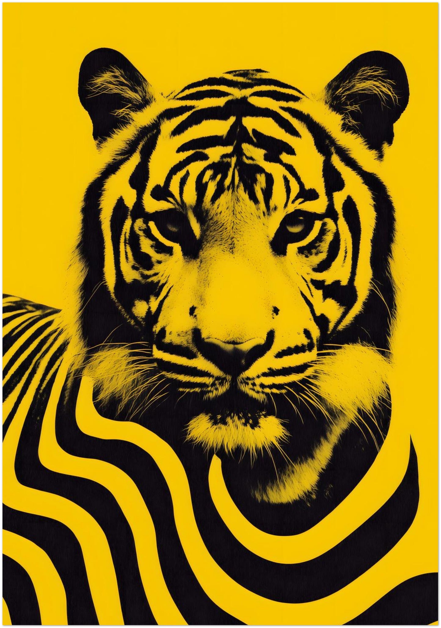28x40 inch unframed Malaysian tiger wall art poster showing a bold black tiger portrait with flowing stylised stripe patterns across the body on a vibrant yellow background. Inspired by Malaysia’s national animal, the artwork combines graphic illustration with contemporary wildlife design to create a striking modern poster with strong contrast and bold visual presence.