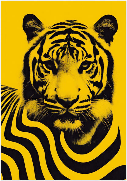 28x40 inch unframed Malaysian tiger wall art poster showing a bold black tiger portrait with flowing stylised stripe patterns across the body on a vibrant yellow background. Inspired by Malaysia’s national animal, the artwork combines graphic illustration with contemporary wildlife design to create a striking modern poster with strong contrast and bold visual presence.
