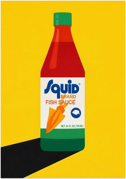 28x40 inch unframed Thai fish sauce poster with a large central Squid Fish Sauce bottle illustration on a vivid yellow background. The extra-large format emphasises the bright pop art palette, clean lines and bold shadow, making the design highly visible and modern. This statement kitchen wall art print suits large dining rooms, restaurants, home bars or gallery walls with colourful food decor themes.