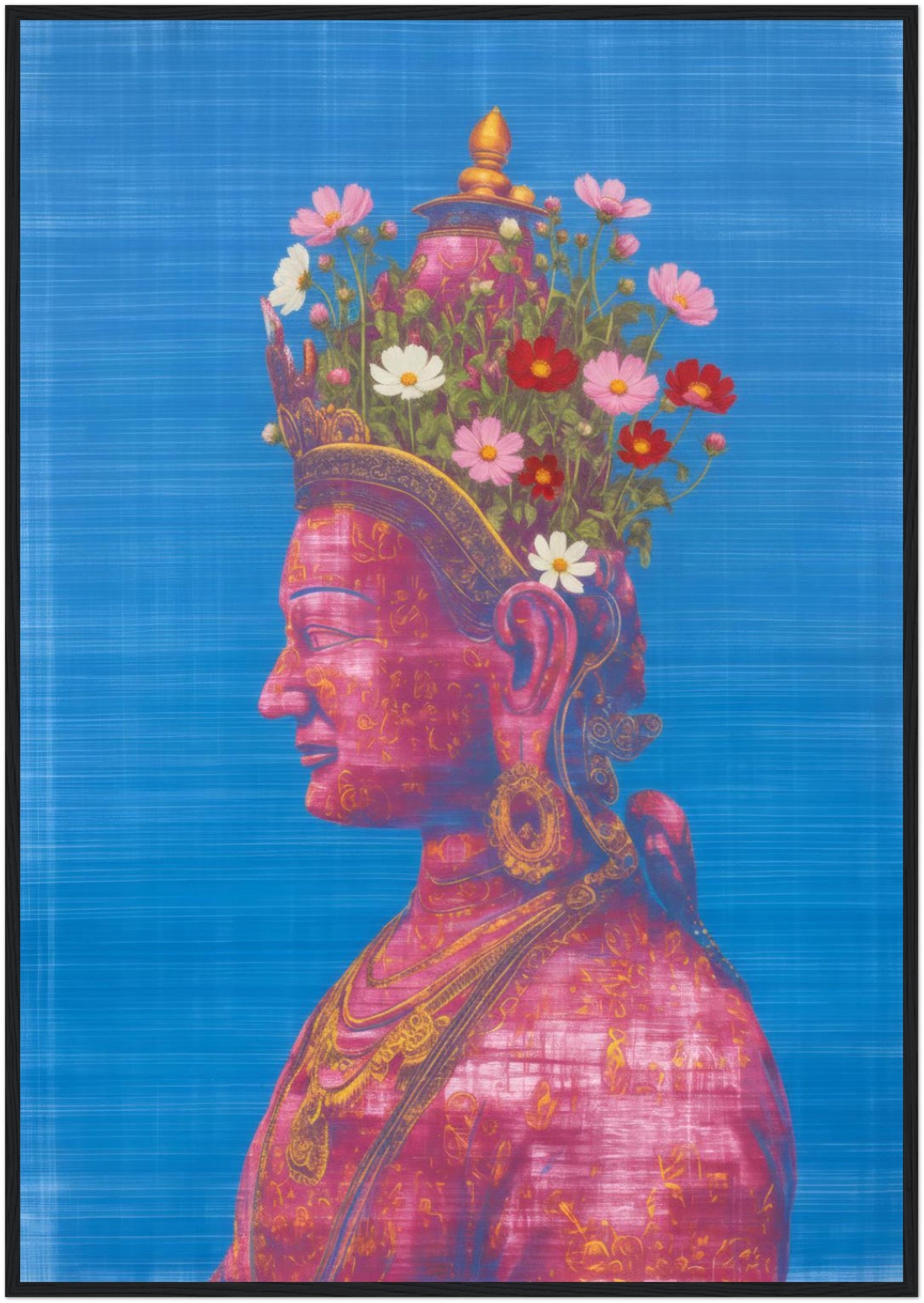 28x40 inch pink and green Tara Buddhist art print in a black wood frame, featuring a bold pink Tara side-profile portrait against blue.