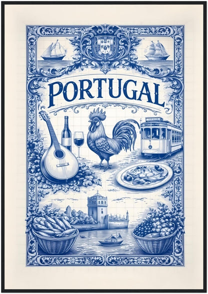 28x40 inch framed Portuguese tile art poster in a black wood frame, showcasing bold blue azulejo artwork inspired by Portugal travel art.