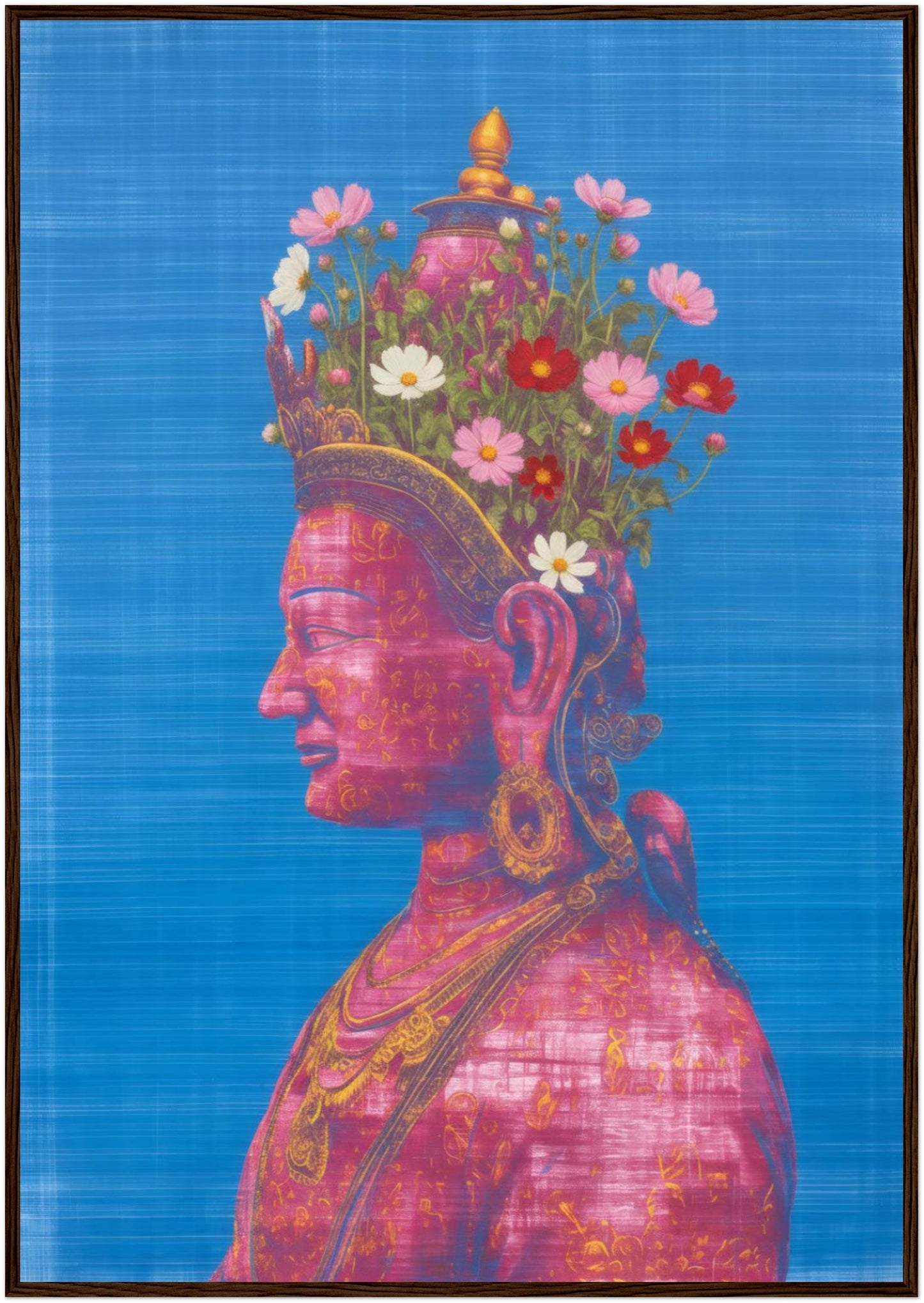 28x40 inch pink and green Tara Buddhist art print in a dark wood frame, depicting a pink Tara Buddhist figure in profile with floral crown.