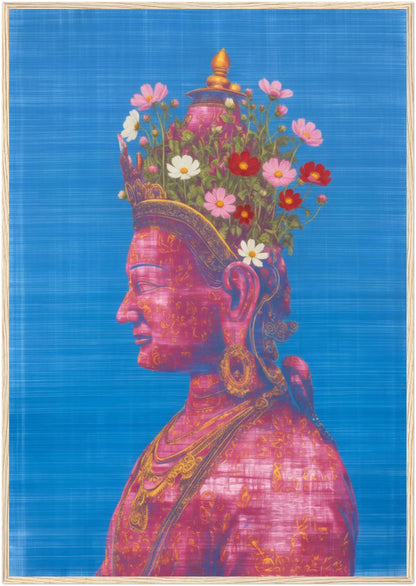 28x40 inch pink and green Tara Buddhist art print in a natural wood frame, showing a serene pink Tara profile with flowers emerging from the head on blue.