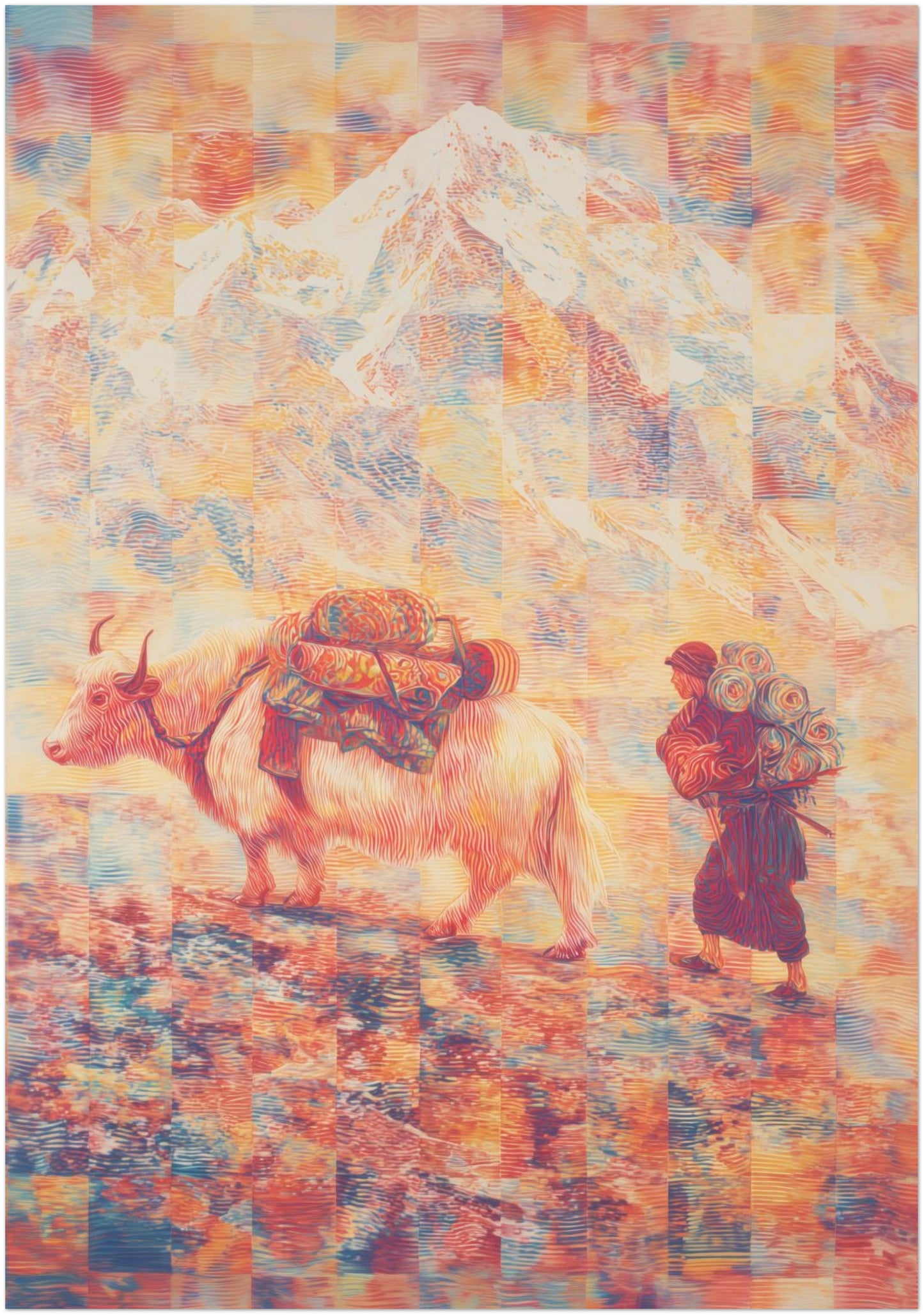 28x40 inch unframed Mount Everest art print featuring a Tibetan yak in a surreal Himalayan landscape. Large vertical travel poster with psychedelic linework and abstract mountain colour layers.