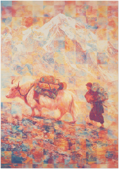 28x40 inch unframed Mount Everest art print featuring a Tibetan yak in a surreal Himalayan landscape. Large vertical travel poster with psychedelic linework and abstract mountain colour layers.