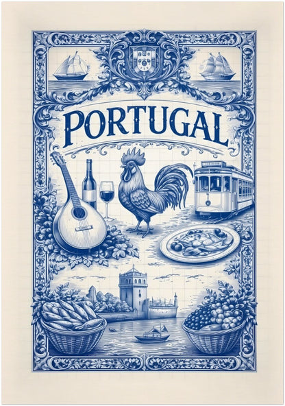 28x40 inch unframed Portuguese culture art print featuring an oversized blue azulejo tile illustration with intricate linework depicting traditional Portugal symbols and Mediterranean-inspired heritage.