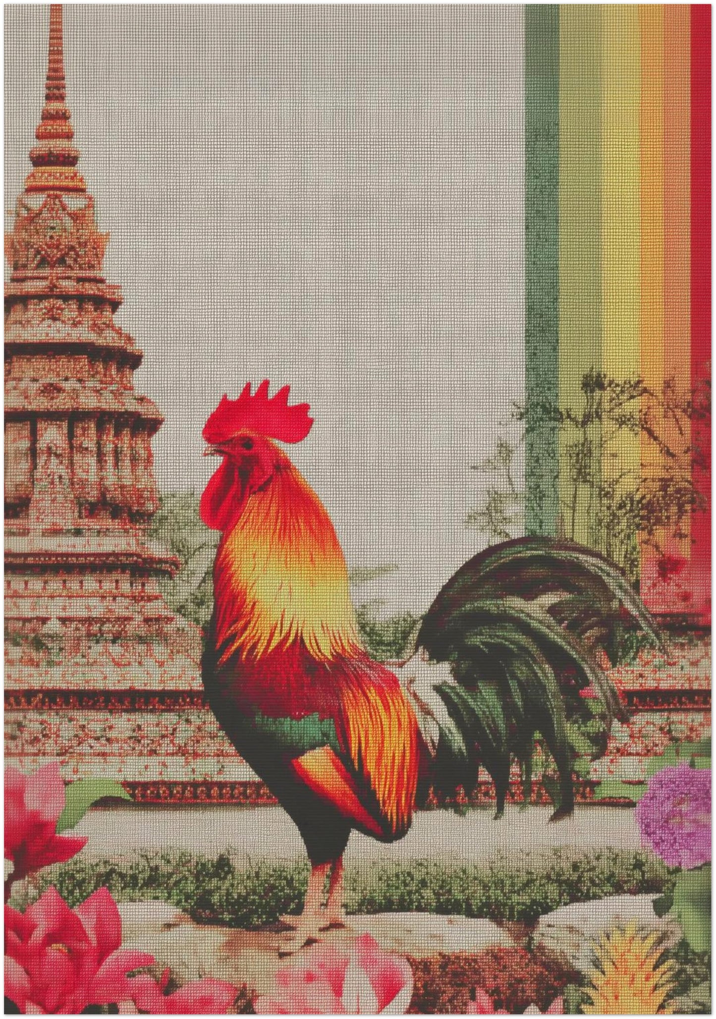 Unframed 28x40 inch Thai rooster art print in a large-scale format featuring a bold crimson rooster guarding a Wat Arun-inspired temple landscape. The size enhances the visible canvas weave, feather depth and architectural detail, while the tall rainbow stripe anchors the composition. Designed for oversized frames, feature walls, open-plan spaces or cultural statement decor installations.