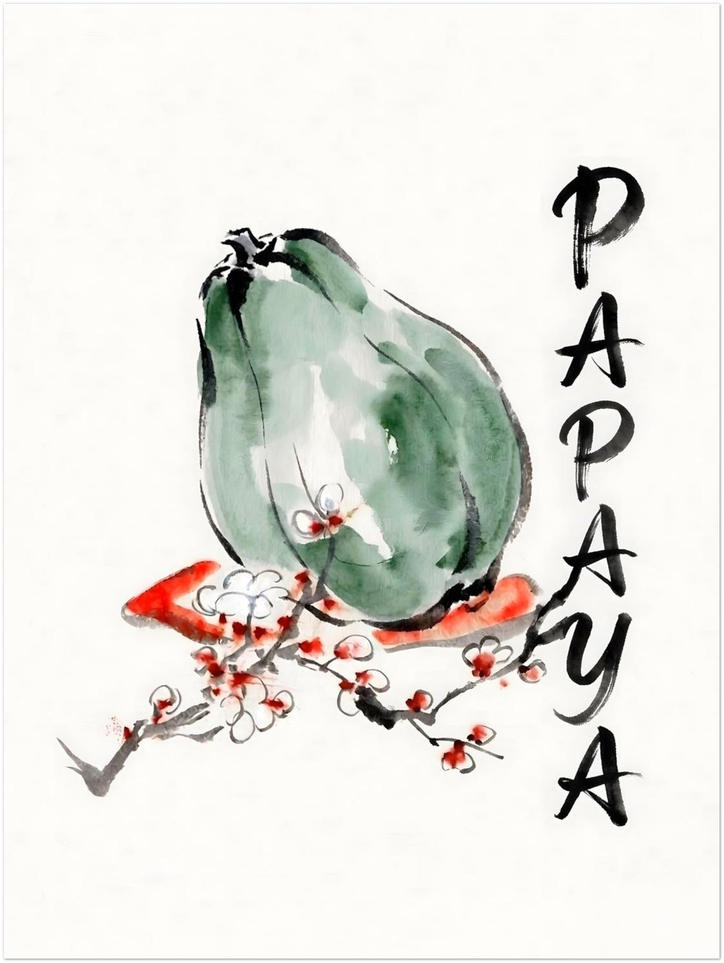 12x16 inch unframed papaya poster shown as a straight on product image with a clean plain background. The artwork combines a green papaya, loose black ink style lines, a red and white blossom branch and vertical PAPAYA lettering for a balanced minimal look. Tropical fruit wall art suited to kitchens, dining rooms, botanical gallery walls, modern Asian inspired interiors and simple home decor schemes.