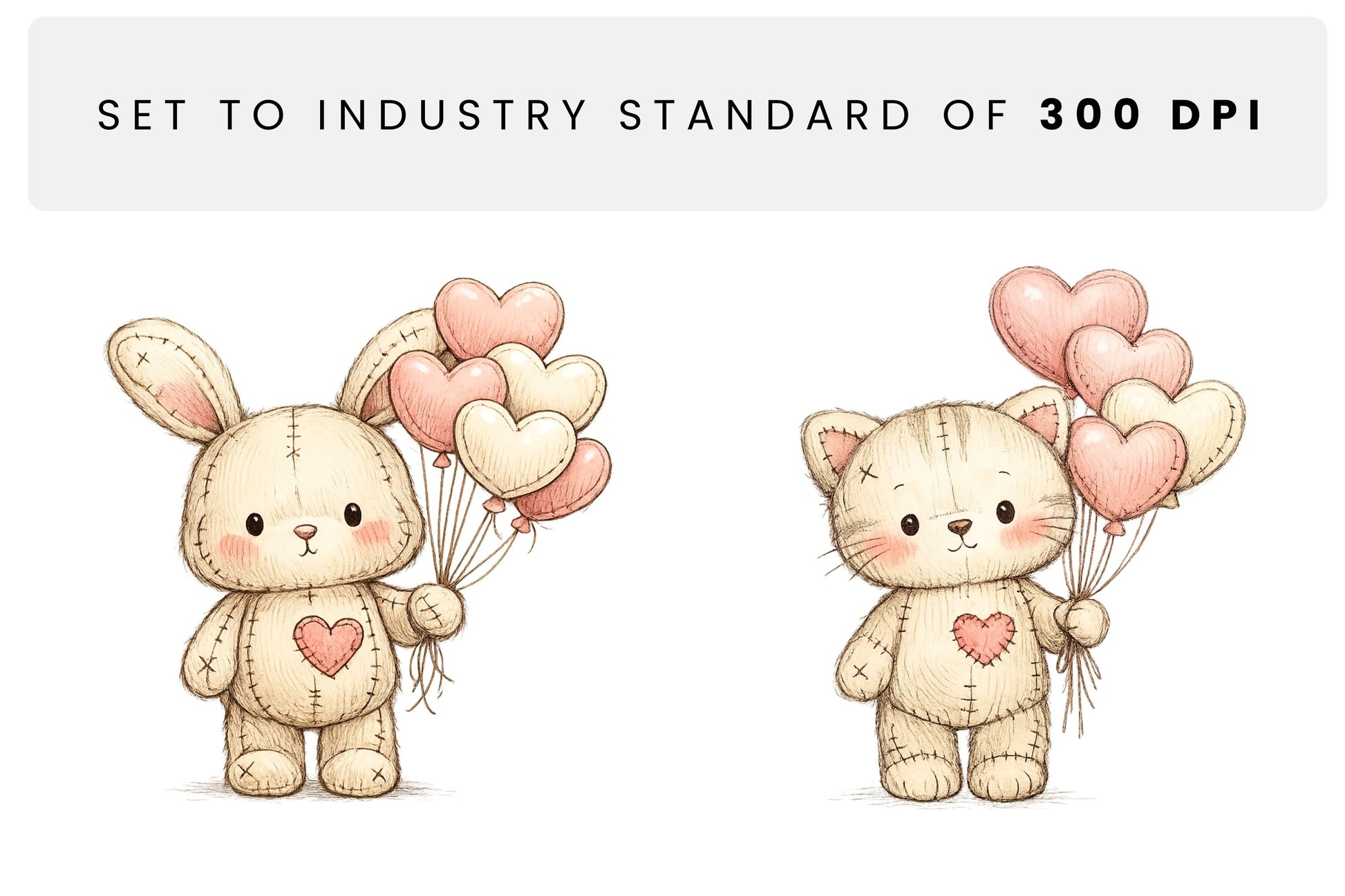 Print-ready 300 DPI transparent illustrations of a stitched bunny and teddy bear standing upright, each holding three pastel heart balloons with visible hand-drawn line work and subtle fabric shading