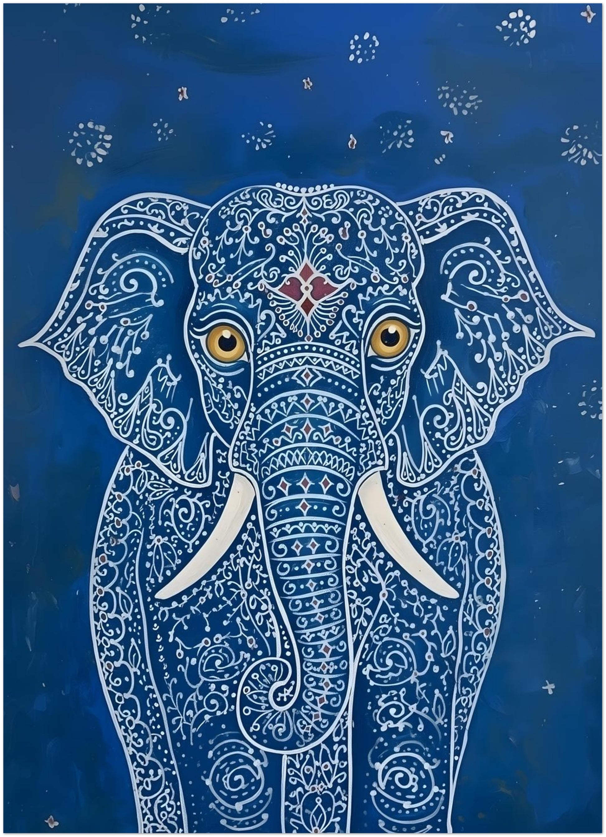 Thumbnail image of the 5x7 unframed Blue Indian Elephant Poster. The artwork shows a front-facing elephant on a deep blue background with intricate white pattern lines, gold eyes, white tusks and small star-like dots around the figure. A compact elephant wall art print with Indian-inspired detail, suited to shelves, desks, small gallery walls and layered home decor styling.