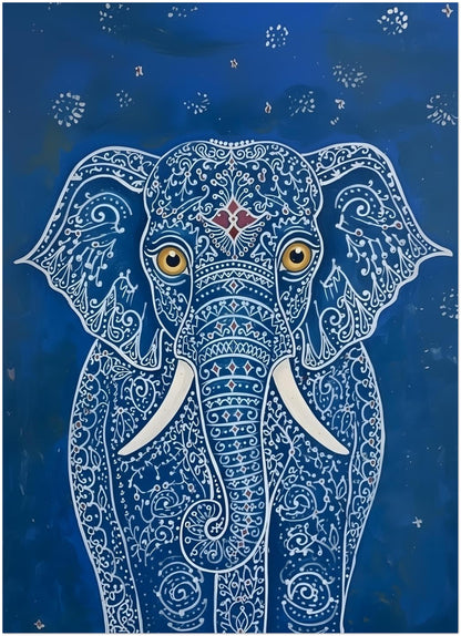 Thumbnail image of the 5x7 unframed Blue Indian Elephant Poster. The artwork shows a front-facing elephant on a deep blue background with intricate white pattern lines, gold eyes, white tusks and small star-like dots around the figure. A compact elephant wall art print with Indian-inspired detail, suited to shelves, desks, small gallery walls and layered home decor styling.