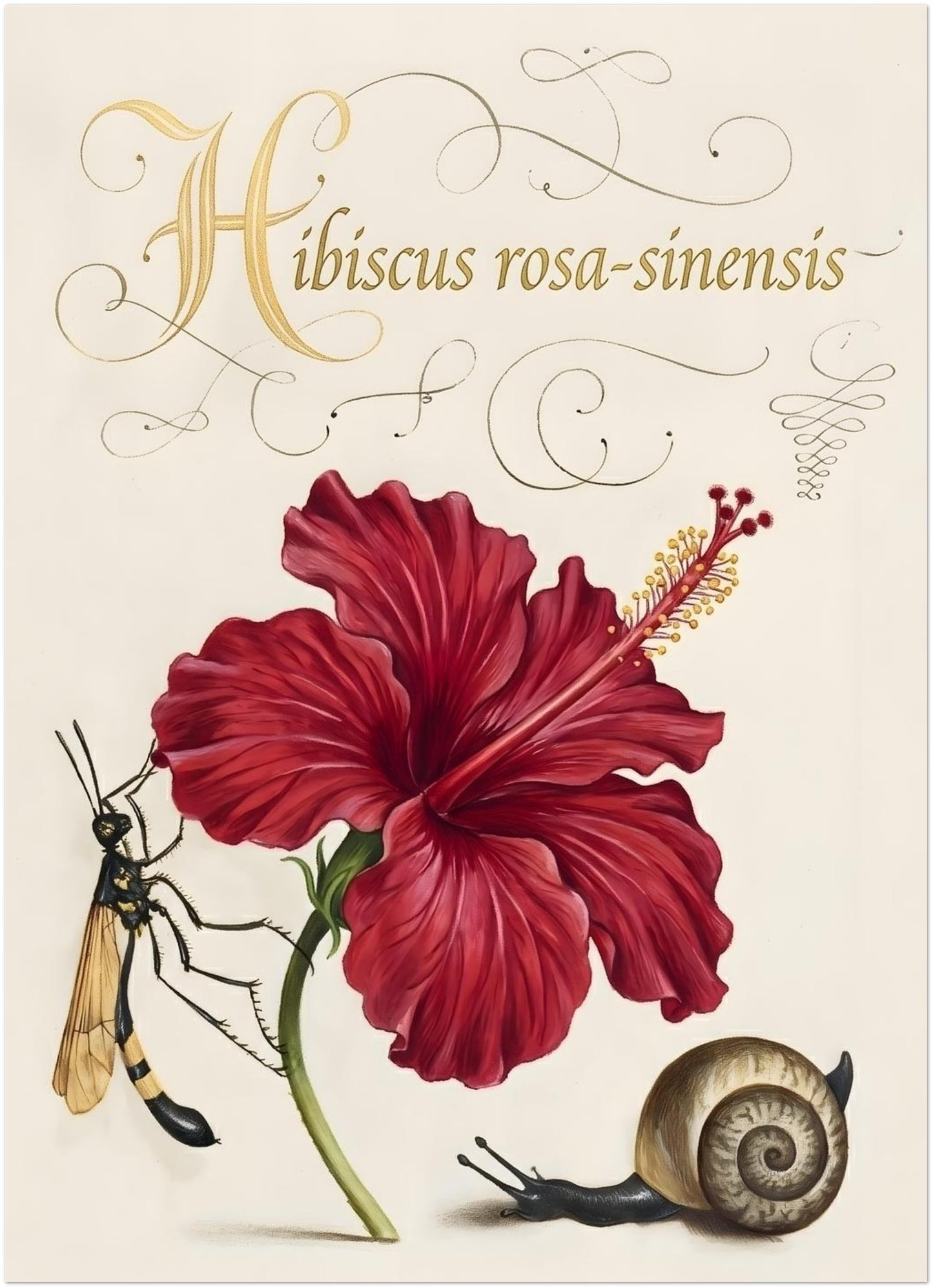 5x7 inch unframed hibiscus botanical illustration showing a detailed red hibiscus flower with natural shading and labelled Hibiscus rosa-sinensis in decorative script. A small wasp and snail sit beside the stem, adding natural history detail. Vintage botanical flower print with a clean cream background and classic scientific plant study layout for compact wall art.