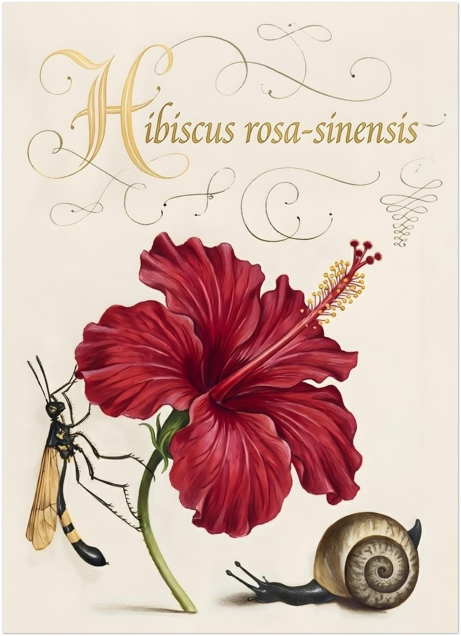 5x7 inch unframed hibiscus botanical illustration showing a detailed red hibiscus flower with natural shading and labelled Hibiscus rosa-sinensis in decorative script. A small wasp and snail sit beside the stem, adding natural history detail. Vintage botanical flower print with a clean cream background and classic scientific plant study layout for compact wall art.