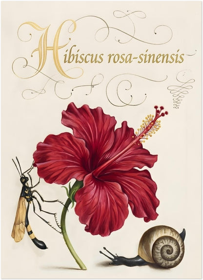 5x7 inch unframed hibiscus botanical illustration showing a detailed red hibiscus flower with natural shading and labelled Hibiscus rosa-sinensis in decorative script. A small wasp and snail sit beside the stem, adding natural history detail. Vintage botanical flower print with a clean cream background and classic scientific plant study layout for compact wall art.