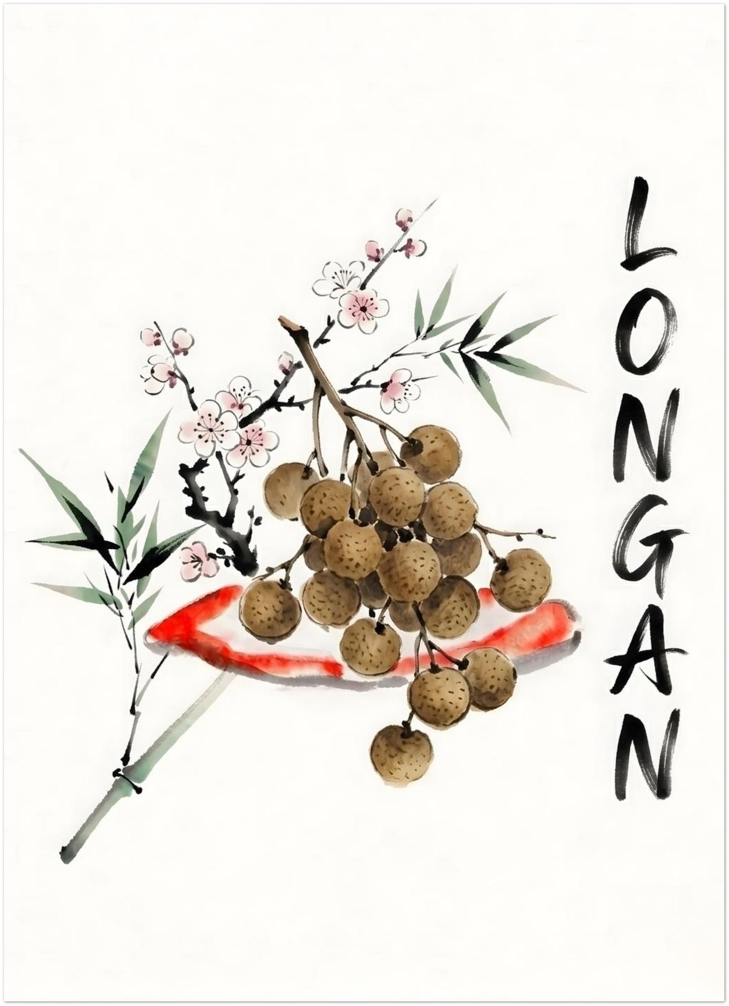 Minimalist 5x7 inch unframed watercolour print of Thai longan fruit on a branch, with soft brown fruit, green bamboo leaves, pale blossom details and black brush lettering. A calm Southeast Asia inspired wall art print for kitchens, dining rooms, cafés or small gallery walls.