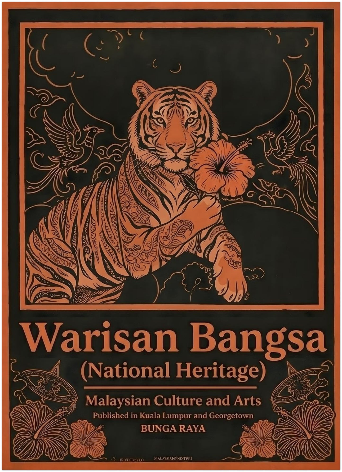 5x7 unframed Malaysia poster titled Warisan Bangsa National Heritage featuring a stylised tiger holding a hibiscus flower, Malaysia’s national flower known as bunga raya. Decorative birds and floral patterns surround the tiger in bold orange linework on a dark background. Malaysian culture wall art designed in a vintage poster style representing national heritage and traditional decorative illustration.
