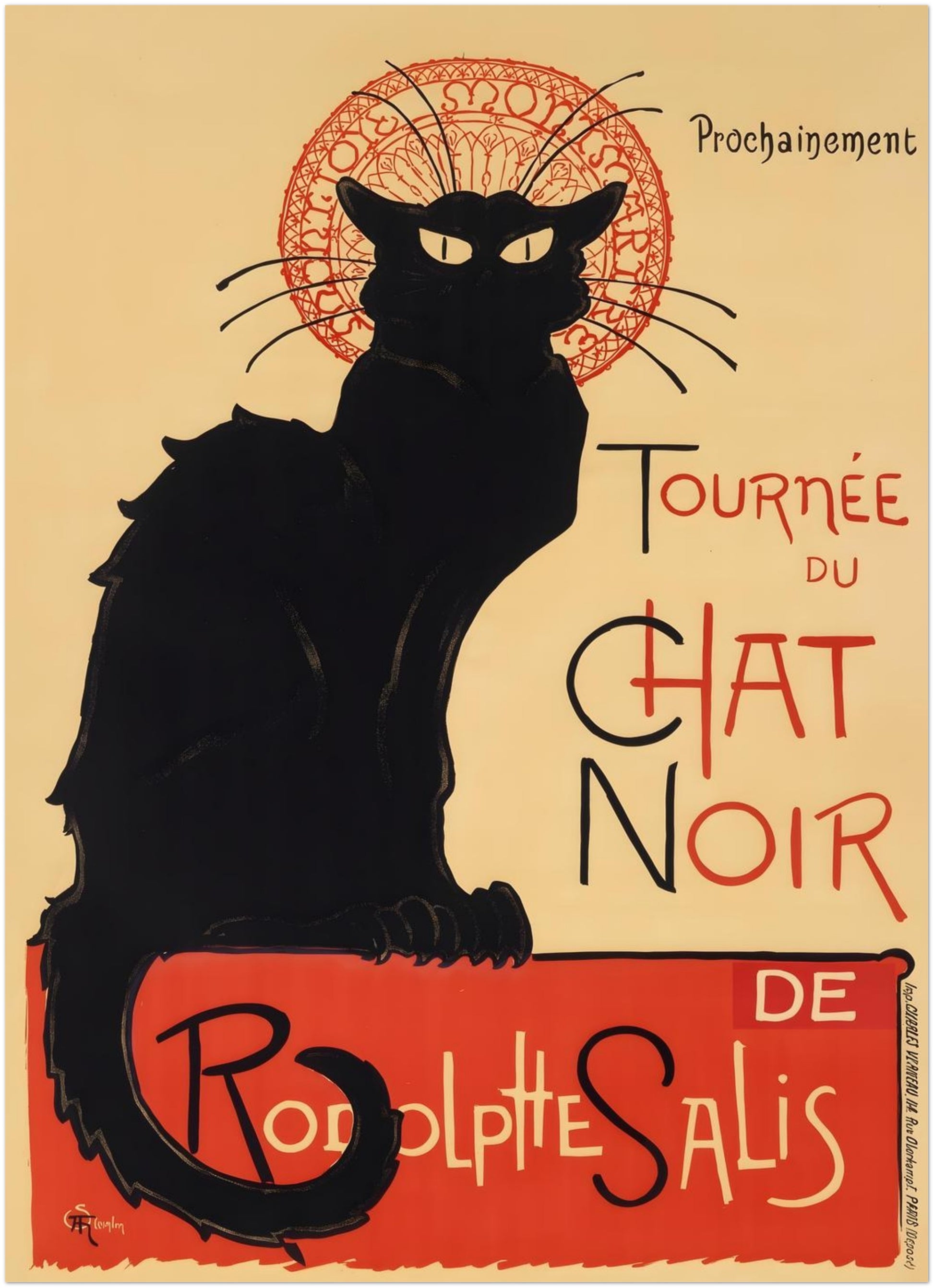 5x7 inch unframed Tournée du Chat Noir print featuring the distinctive black cat and Art Nouveau typography. This small-format French cabaret poster reproduction preserves the vintage graphic detail while fitting shelves, desks or intimate gallery wall spaces. A compact Paris black cat art print with strong cultural heritage presence.