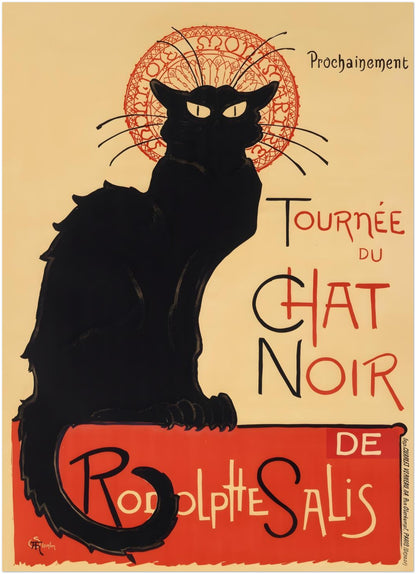 5x7 inch unframed Tournée du Chat Noir print featuring the distinctive black cat and Art Nouveau typography. This small-format French cabaret poster reproduction preserves the vintage graphic detail while fitting shelves, desks or intimate gallery wall spaces. A compact Paris black cat art print with strong cultural heritage presence.