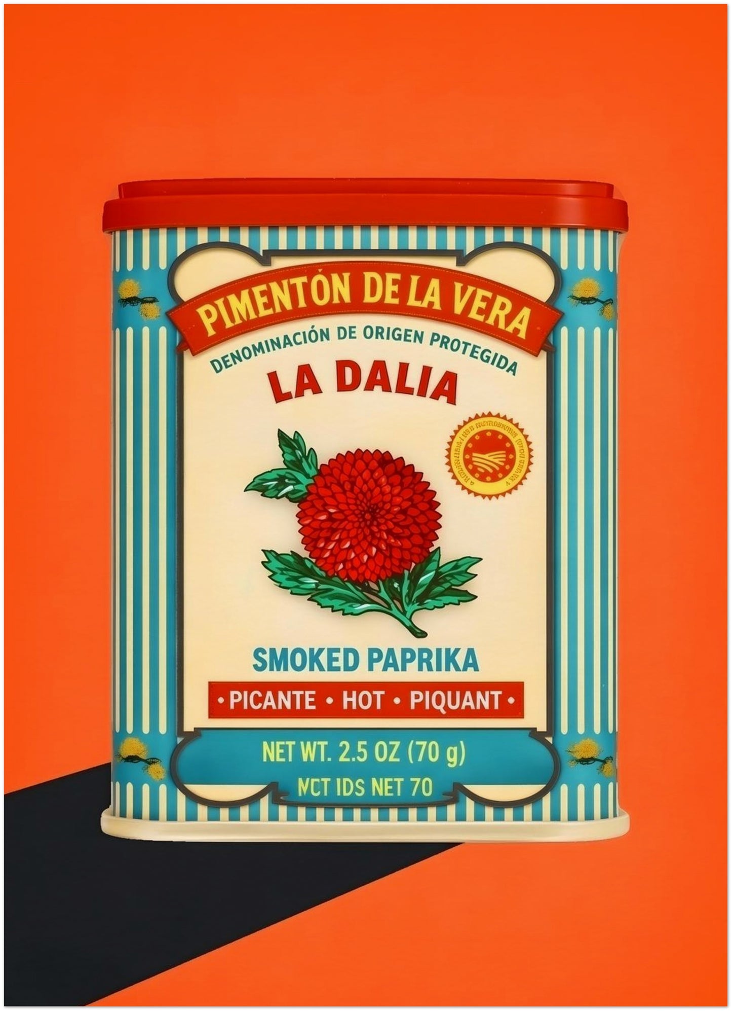 Small 5x7 unframed art print of the Spanish Smoked Paprika Tin design, shown as a front-facing product image on a bright orange background. The artwork features a red tin lid, cream label, blue striped border, red flower and Spanish text, giving it a clear retro food packaging look. Ideal for Spanish kitchen wall art searches, small pantry decor, paprika tin print styling and Mediterranean food art.