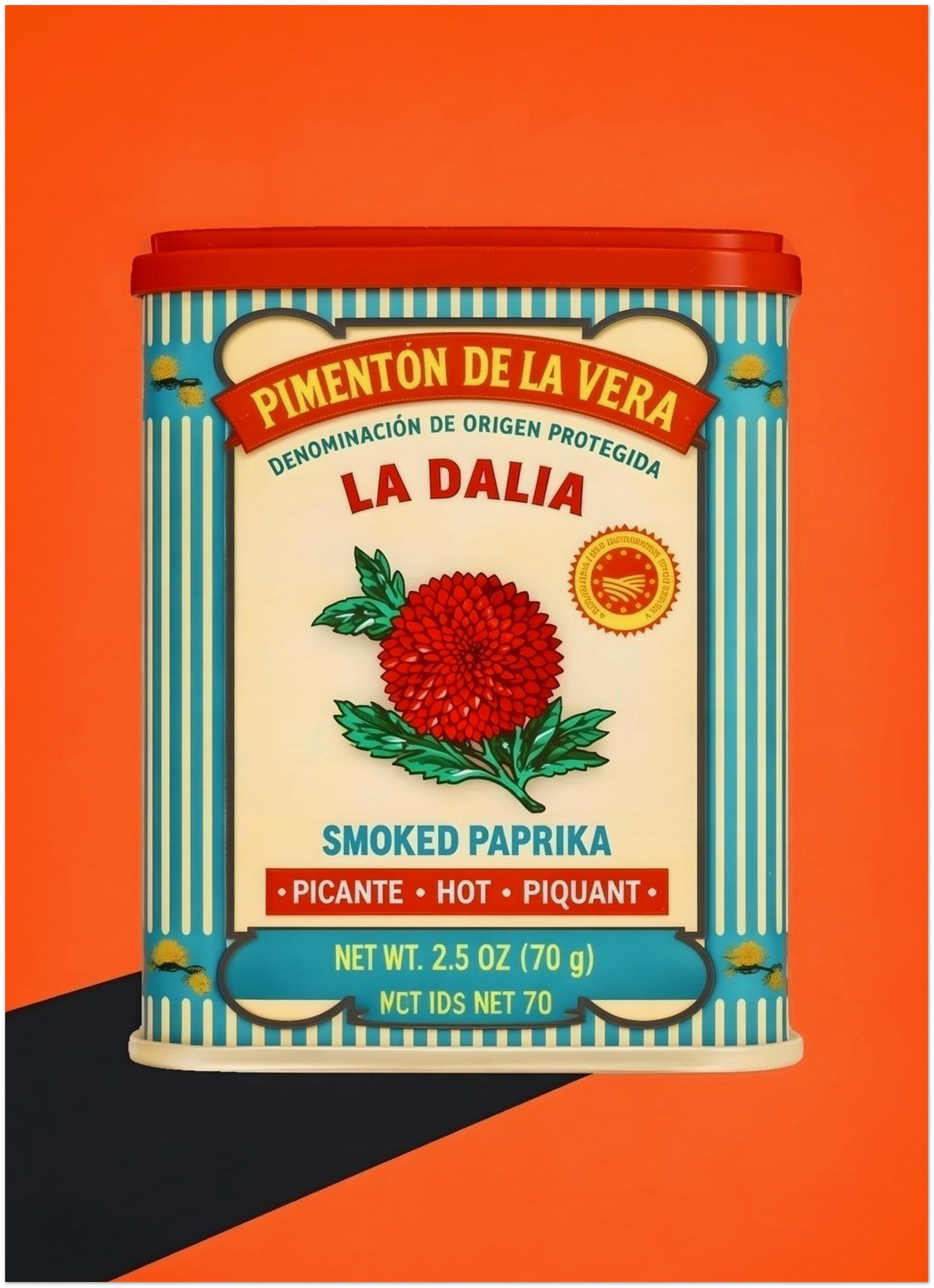 Small 5x7 unframed art print of the Spanish Smoked Paprika Tin design, shown as a front-facing product image on a bright orange background. The artwork features a red tin lid, cream label, blue striped border, red flower and Spanish text, giving it a clear retro food packaging look. Ideal for Spanish kitchen wall art searches, small pantry decor, paprika tin print styling and Mediterranean food art.
