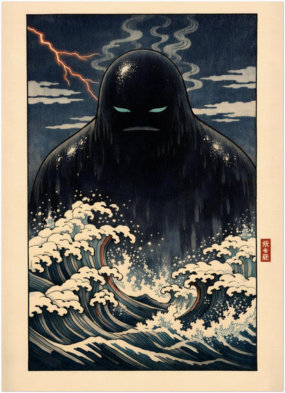 5x7 inch unframed Japanese Umibōzu yōkai mini poster featuring a dark sea spirit emerging from stylised navy waves with cream foam accents. Despite its small size, the print maintains detailed woodblock-inspired illustration and dramatic sky tones. A compact folklore art print ideal for small frames, shelves or giftable wall decor.