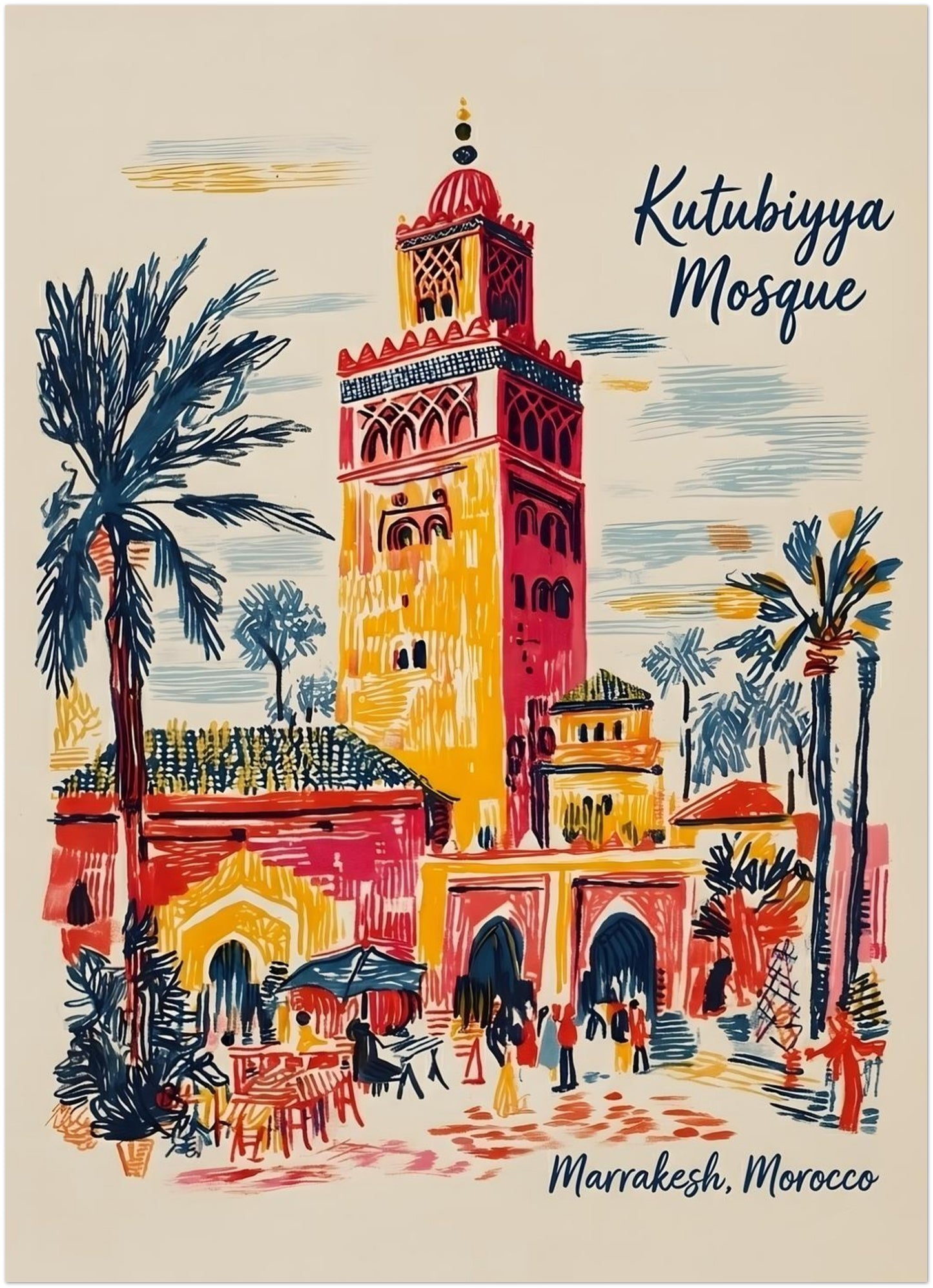 5x7 inch unframed Kutubiyya Mosque print showing a colourful Marrakech street scene in a loose travel poster style. The artwork features the tall mosque tower, palm trees, arched doorways, small figures and outdoor seating in red, yellow, blue and cream tones. A compact Morocco wall art size suited to shelf styling, gallery walls or small spaces looking for Moroccan architecture print detail.