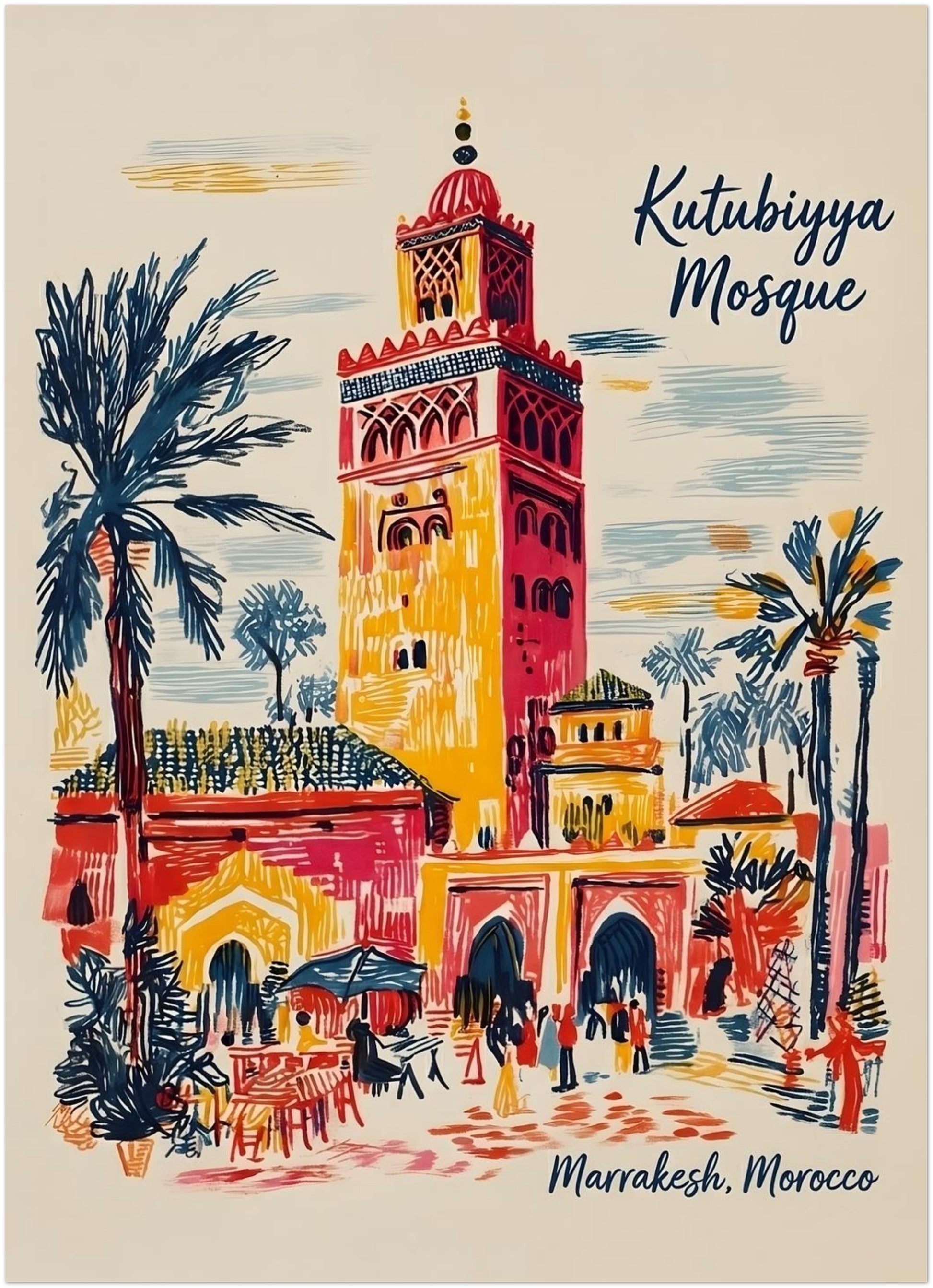 5x7 inch unframed Kutubiyya Mosque print showing a colourful Marrakech street scene in a loose travel poster style. The artwork features the tall mosque tower, palm trees, arched doorways, small figures and outdoor seating in red, yellow, blue and cream tones. A compact Morocco wall art size suited to shelf styling, gallery walls or small spaces looking for Moroccan architecture print detail.