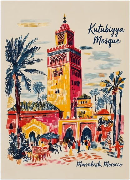 5x7 inch unframed Kutubiyya Mosque print showing a colourful Marrakech street scene in a loose travel poster style. The artwork features the tall mosque tower, palm trees, arched doorways, small figures and outdoor seating in red, yellow, blue and cream tones. A compact Morocco wall art size suited to shelf styling, gallery walls or small spaces looking for Moroccan architecture print detail.