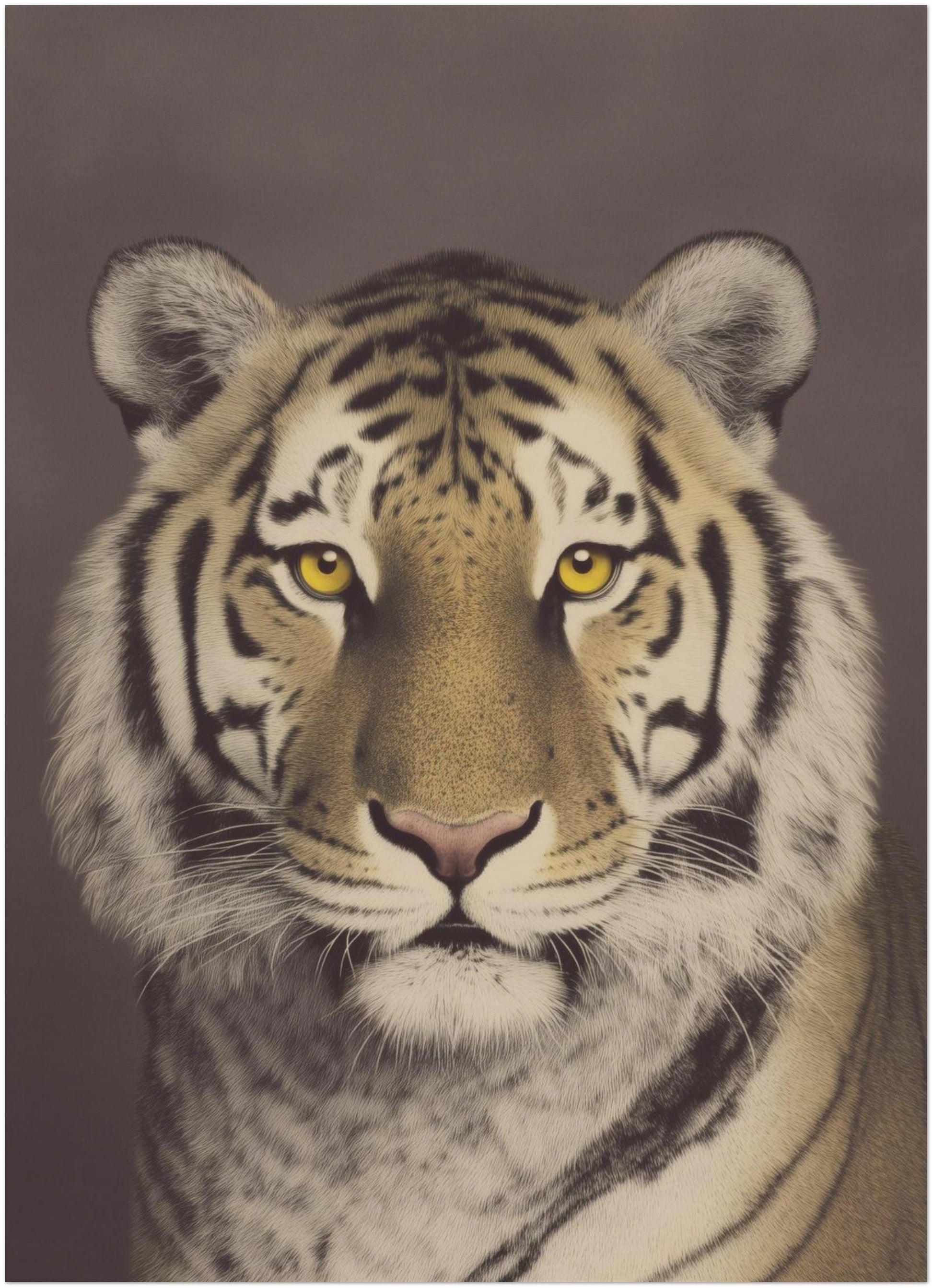 5x7 inch unframed Malayan tiger mini wall art print featuring a centred close-up portrait with bold stripes and warm brown background. Vintage photographic wildlife design ideal for small frames, desk decor, shelf styling or layered gallery wall setups.