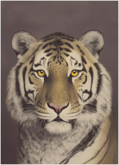 5x7 inch unframed Malayan tiger mini wall art print featuring a centred close-up portrait with bold stripes and warm brown background. Vintage photographic wildlife design ideal for small frames, desk decor, shelf styling or layered gallery wall setups.