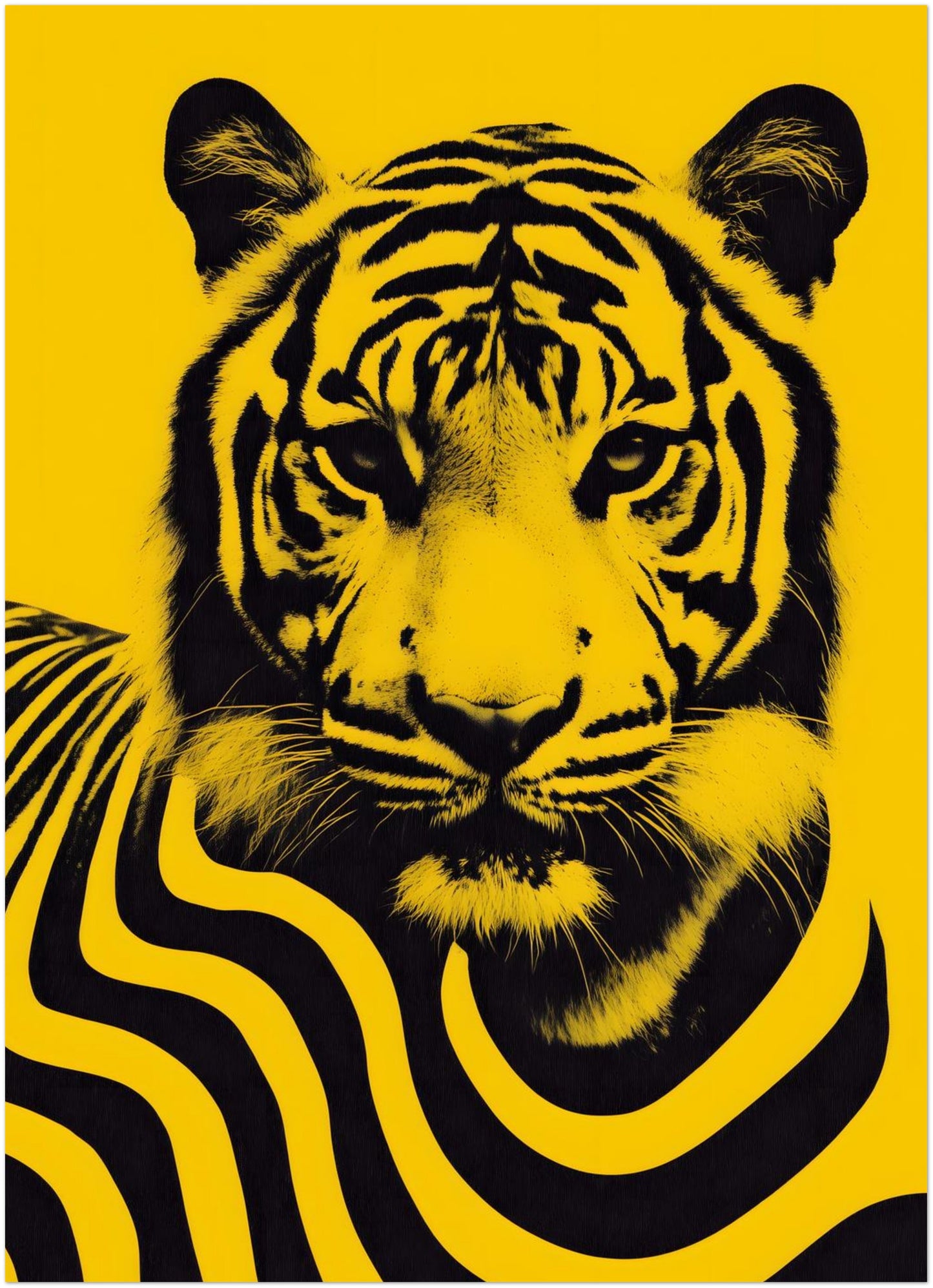 5x7 inch unframed Malaysian tiger poster featuring a bold black tiger portrait with stylised flowing stripe patterns across the body on a bright yellow background. The design is inspired by Malaysia’s national animal and combines contemporary graphic illustration with wildlife imagery, producing a compact modern wall art print with strong contrast.