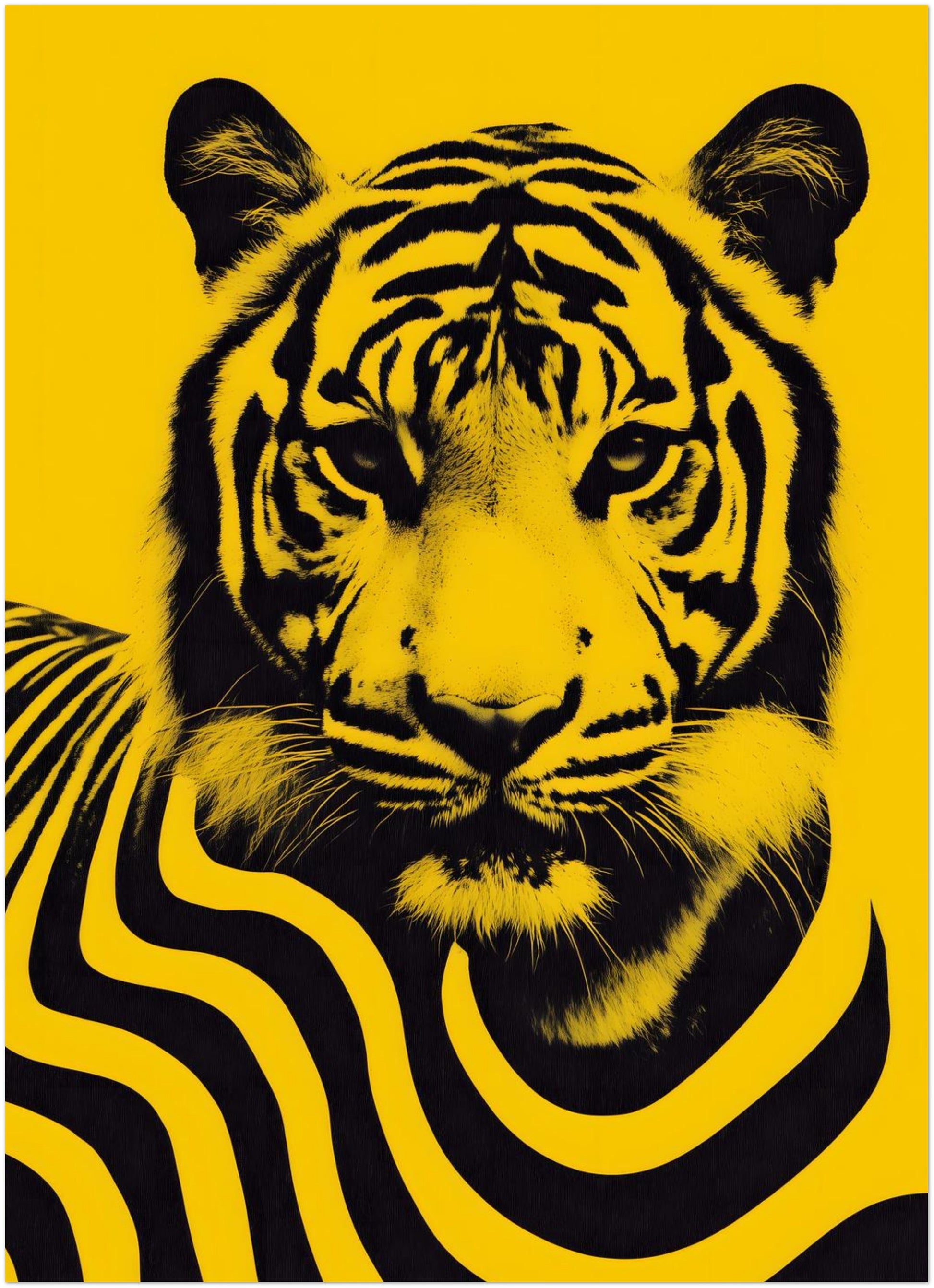5x7 inch unframed Malaysian tiger poster featuring a bold black tiger portrait with stylised flowing stripe patterns across the body on a bright yellow background. The design is inspired by Malaysia’s national animal and combines contemporary graphic illustration with wildlife imagery, producing a compact modern wall art print with strong contrast.